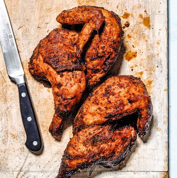 smoky split chicken with “automatic brine”