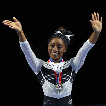 hoffman estates, illinois august 05 simone biles celebrates after winning the all around at the core hydration classic at now arena on august 05, 2023 in hoffman estates, illinois photo by stacy reveregetty images