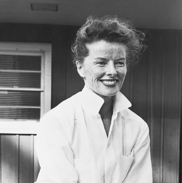 actress katharine hepburn relaxes in stratford, connecticut, where she is rehearsing for shakespeare's merchant of venice with the american shakespeare festival